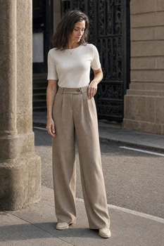 Штани жіночі широкі з високою посадкою та защипами Seventeen PreFall 26 бежеві L-XL 2488.6837