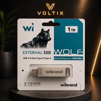 Портативный SSD Wibrand Wolf 1TB USB 3.2 Gen 2, Type-C + Type-A, до 1000 МБ/с, серебристый