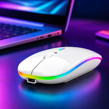Беспроводная компьютерная мышь Bluetooth с USB-адаптером 2.4 ГГц, RGB-подсветкой, аккумуляторная, белая