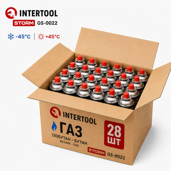 Газовий балон (упаковка 28 шт) цанговий INTERTOOL STORM GS-0022 220 г, від -45 °C до +45 °C, ізобутан-бутан, захист CRV