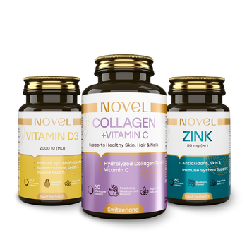 Коллаген, Цинк, Витамин D3 NOVEL Collagen, Vitamin D-3, Zink, набор жевательных таблеток (60 шт + 60 шт + 60 шт), цена за 3 шт