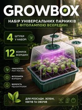 Гроубокс міні теплиця набір для пророщування насіння розсади з фітолампою 4 шт х 12 комірок (GROWBOX-4)