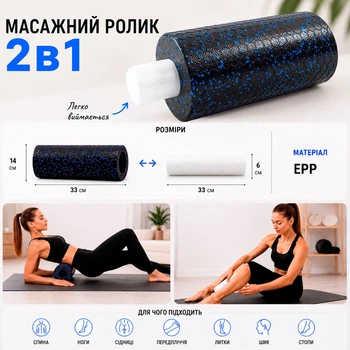 Массажный набор для йоги и фитнеса 2в1 EPP массажный валик йога ролл для массажа и растяжки OSPORT (OF-0312) Черно-синий