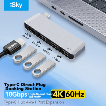 Док-станція iSky Type-C, HDMI 4K60Hz, передача відео, USB 3.2, високошвидкісний 10 Гбіт/с-хаб для ноутбуків Apple, Huawei, Microsoft, сріблястий колір