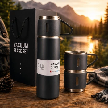 Термос 500 мл із 3 чашками Vacuum Bottle, вакуумний термос із нержавіючої сталі для чаю, кави та подорожей