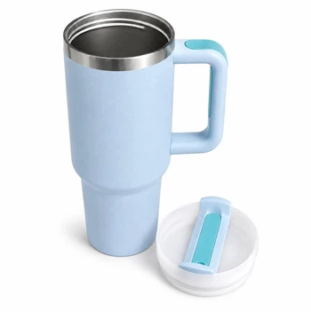 Термокружка Tumbler с ручкой и крышкой, трубочка 30 см, термос для кофе, чая и холодных напитков Голубой