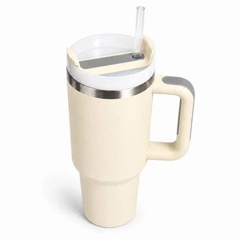 Термос термокружка Tumbler с ручкой, крышкой и трубочкой 30 см, Кремовый айвори