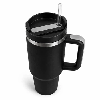 Термокухоль-термос Tumbler зі зручною ручкою, кришкою та трубочкою 30 см, Чорний