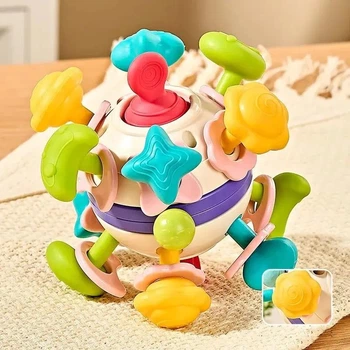 Развивающая погремушка Space Teether Ball с фигурками планет и пальчиковыми играми 11 см со спиннером и прорезывателем 6034