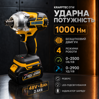 Гайковерт акумуляторний Krafftec для автомобіля ударний безщітковий інструмент відкручування гайок болтів коліс 1000 Нм 48 В 8 А·год два акумулятори 4 режими LED набір кейс