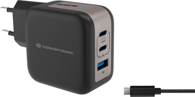 Ładowarka Conceptronic ALTHEA17B 2xUSB-C + USB-A 67W GaN PD 3.0 PPS QC 3.0 + USB-C Cable Czarna (ALTHEA17B)