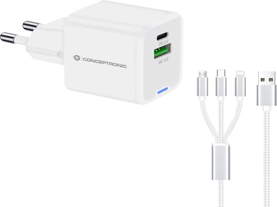 Zestaw do ładowania Conceptronic ALTHEA16W USB-C + USB-A 33W GaN PD 3.0 PPS QC 3.0 + 3-in-1 Cable Biały (ALTHEA16W)