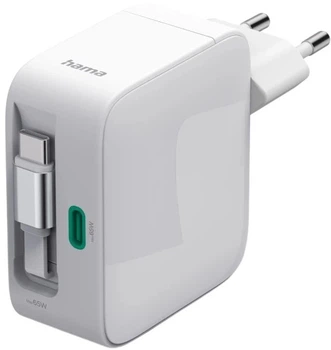 Ładowarka Hama 00200025 2xUSB-C 65W GaN PD Retractable Biały (00200025)