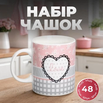 Набор фарфоровых чашек 48 штук в коробке 400 мл Love чашки на подарок для чая и кофе Серый с розовым