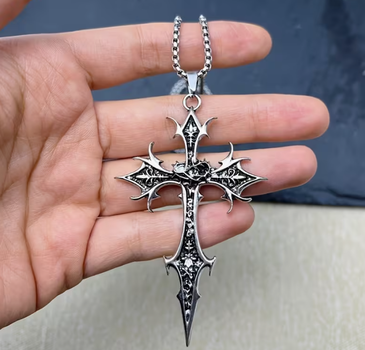 Кулон чоловічий із ланцюжком, Масивний хрест двосторонній Gothic Cross Сріблястий