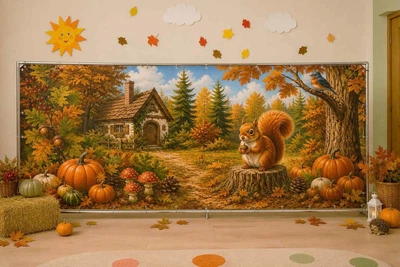 Баннер осенний для фотозоны PHOTODECOR «Осенняя сказочная тыквенная лужайка с белочкой» 1 кв.м.