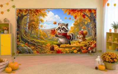 Баннер осенний для фотозоны PHOTODECOR «Енот и белка в осеннем лесу» 1 кв.м.