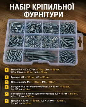 Набір кріплення VOREL 580 шт - шурупи, цвяхи, гайки, шайби