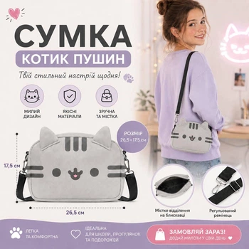 Сумка-месенджер через плече Кіт Пушин (Pusheen Cat), Сіра