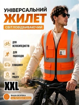 Жилет светоотражающий сигнальный автомобильный дорожный жилетка светоотражающая для безопасности на дороге спецодежда с пластиковой молнией карманами на липучке для телефона бейджика ручки 54 размер XXL оранжевый