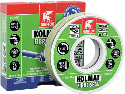 Армована ущільнювальна стрічка Griffon Kolmat Fibre Seal для різьбових з'єднань, 12 мм × 15 м