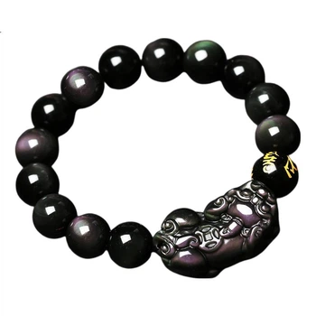 Браслет Cilingge Rainbow Eye Obsidian Pixiu унісекс чорний 12 мм
