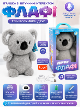 Игрушка с искусственным интеллектом Флафи M-70849 ChatGPT, озвучивание на украинском, 50+ языков, сказки, игры, новости, WiFi + приложение Tuya, транскрипция разговоров, аккумулятор Type-C, 28 см