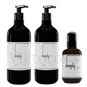 Набор для увлажнения и блеска волос Deeply (Увлажняющий шампунь Deeply Hydrating Shampoo 1л, Увлажняющий кондиционер Deeply Hydrating Conditioner 1л, Крем для блеска волос Deeply Brilliant Finishing Cream 200мл)