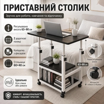 Приклежечный столик с регулируемой высотой 60х40 см, Черный / Столик для ноутбука / Столик на колесиках