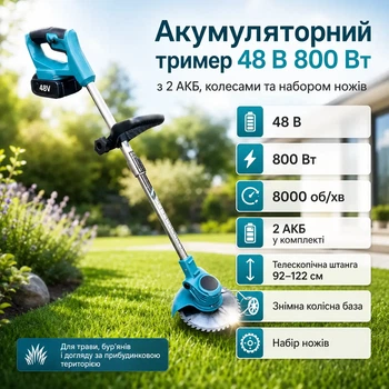 Тример акумуляторний для газону та кущів, бездротова косарка-тример з 2 акумуляторами 48V, ножами, пиляльним диском ручкою для дачі та саду