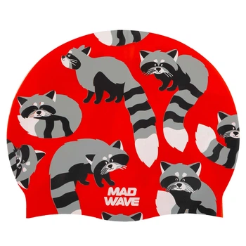 Шапочка для плавания силиконовая юниорская енот Mad Swim 057422 Red-Black-Grey