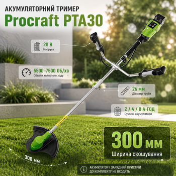 Аккумуляторный триммер Procraft PTA30 электрокоса беспроводная ручная садовая косилка для травы газона 20 В 7500 об мин 300 мм с автоматической катушкой диском ремнем без АКБ зарядного устройства