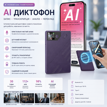 AI Диктофон E EAZEYAI 64GB — Транскрипция 112 языков, Умное резюме (ChatGPT), Синхронный перевод, Шумоподавление, USB-C