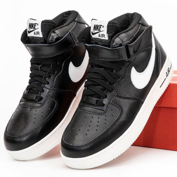 Кросівки зимові чоловічі Ni Air Force 1 High Black White з хутром / Най аір Форс чорні високі на хутрі 42
