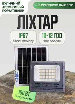 Акумуляторний LED прожектор із сонячною панеллю 100 Вт кемпінговий світильник автономне освітлення для риболовлі туризму з пультом датчиком руху вологозахист IP67
