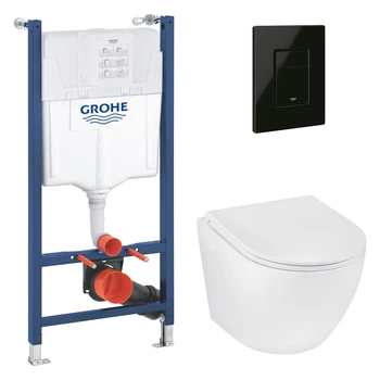 Комплект 4 в 1: Інсталяція Grohe Solido 2 в 1 38971000 + Панель змиву для унітаза Even Black 38966KV0 + Унітаз підвісний безобідковий Kroner Harz WHI493736 TORNADO KH493736WHIT (38971966KV0KH49T)