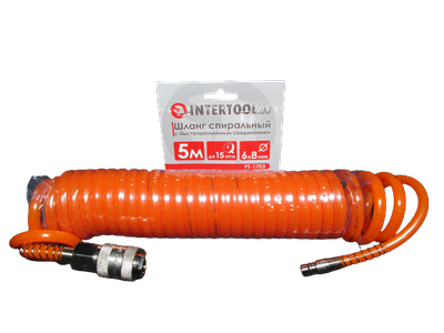 Шланг подкачки INTERTOOL 5м х 6,0 х 8мм, до 15 Атм, штуцерованный, спиральный, полиуретановый (42454)