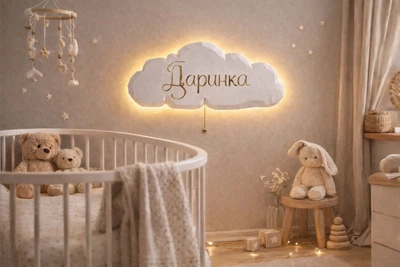 Детский ночник облачко с именем | Именный LED светильник в детскую комнату Настенный декор для детей