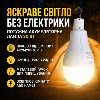 Акумуляторна LED лампа Rainberg P921 30 Вт 1500 Лм, 2×18650, підвісний USB-світильник для дому