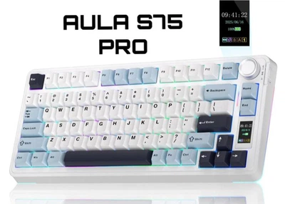 Клавиатура Беспроводная AULA S75 PRO White-Blue Игровая Механическая. 2.4G/Bluetooth/Кабель. c Экранчиком. RGB Подсветка. Аккумулятор 4000mAh. Star Vector Linear Switch