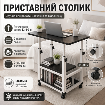 Приставной столик для ноутбука регулируемый 60х40 см с полками и колесиками Черный для работы в кровати и гостиной