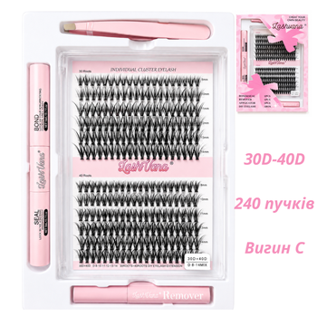 Набор накладных пучковых ресниц LashVana 30D-40D Изгиб C (240 пучков, микс 8-14 мм) + Клей-фиксатор Bond & Seal, Ремувер и Пинцет