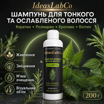 Шампунь для тонких и ослабленных IdeasLabCo Kebatina Romero Ortica Biotina Тонизирующий шампунь для ослабленных волос 200 г