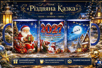 Кружка (чашка) с принтом «С Новым годом! и Рождеством Христовым!» 2027 из серии «Рождественская Сказка» – новогодний и рождественский подарок | Керамическая 330 м(синяя ручка)