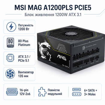 Блок питания MSI MAG A1200PLS PCIE5 1200W ATX 3.1 80 Plus Platinum вентилятор 135 мм Black