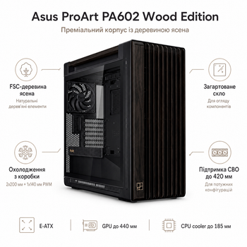 Корпус для ПК Asus ProArt PA602 Mid Tower без БП E-ATX Wood Edition Tempered Glass Black (90DC00J0-B09010)