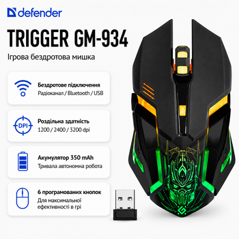 Мышка Defender Trigger GM-934 беспроводная Bluetooth 3200 dpi LED Черный (52934)