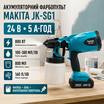 Краскопульт Makita JK-SG1 аккумуляторный 24 В электрический 800 Вт распылитель краски 5 А·ч пульверизатор для лака с баком 800 мл потоком 380 мл/мин беспроводной краскораспылитель 3 режима для стен мебели ремонта дома строительных работ