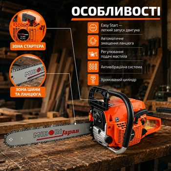 Бензопила Midori MJ-101 цепная бензиновая пила садовая двухтактная для заготовки дров обрезки деревьев веток распиливания древесины 3,9 лс 53 куб см шина 45 см 8000 об мин Easy Start автосмазка антивибрационная