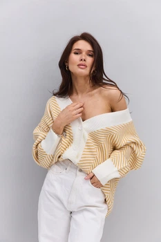 Вязаный женский кардиган oversize молочный с желтым узором «елочка» Arjen 102287, размер универсальный, код цвета 111834